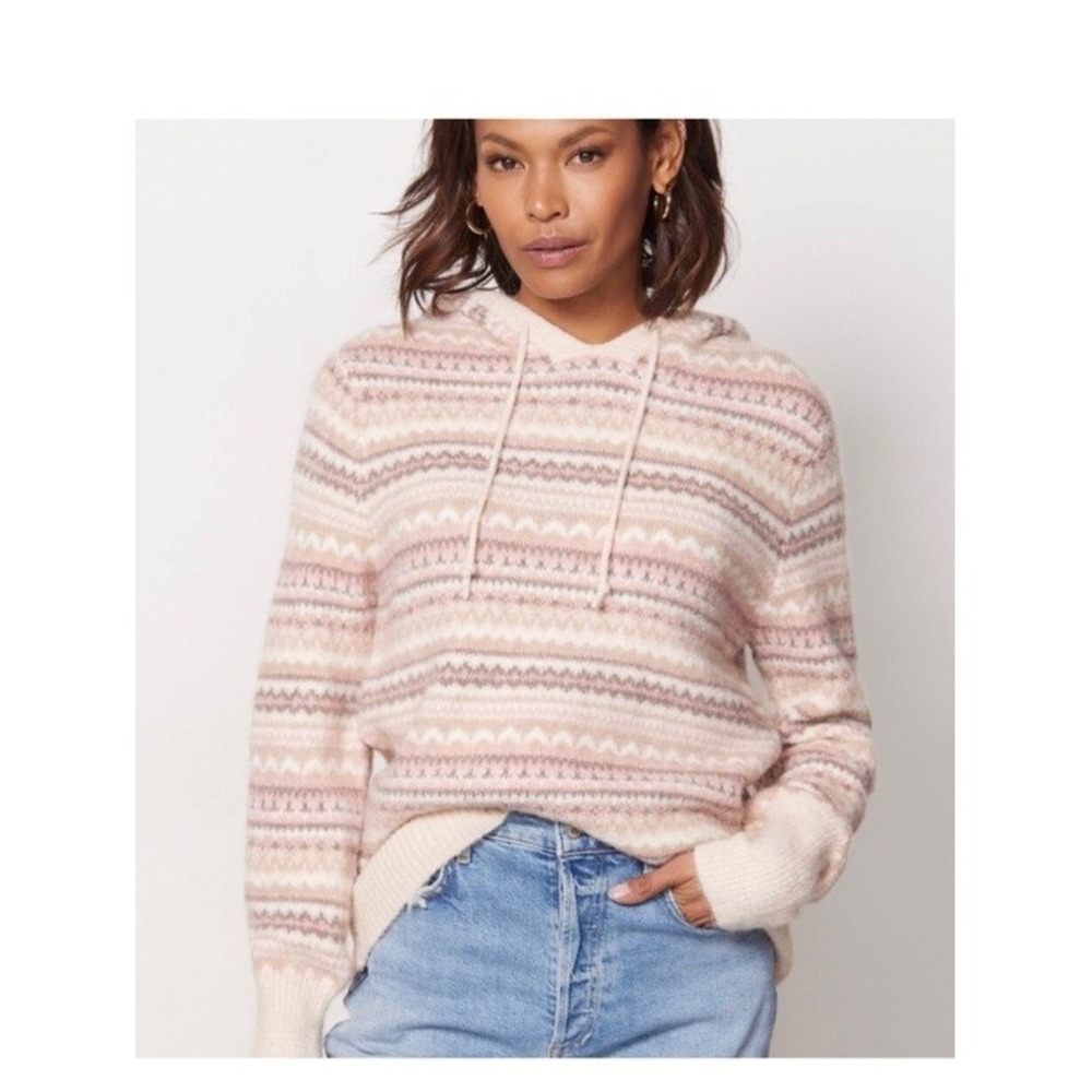Evereve Hooded Sweater Women Small Pink Fair Isle Knit Pullover Long Sleeve